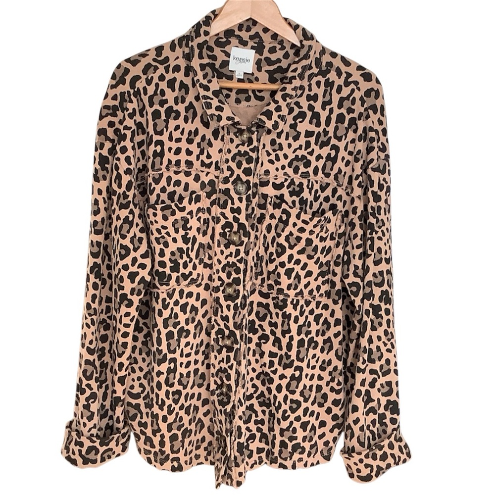 Kensie Leopard Print Button-Up Shaket - Tan & Black French Terry size L